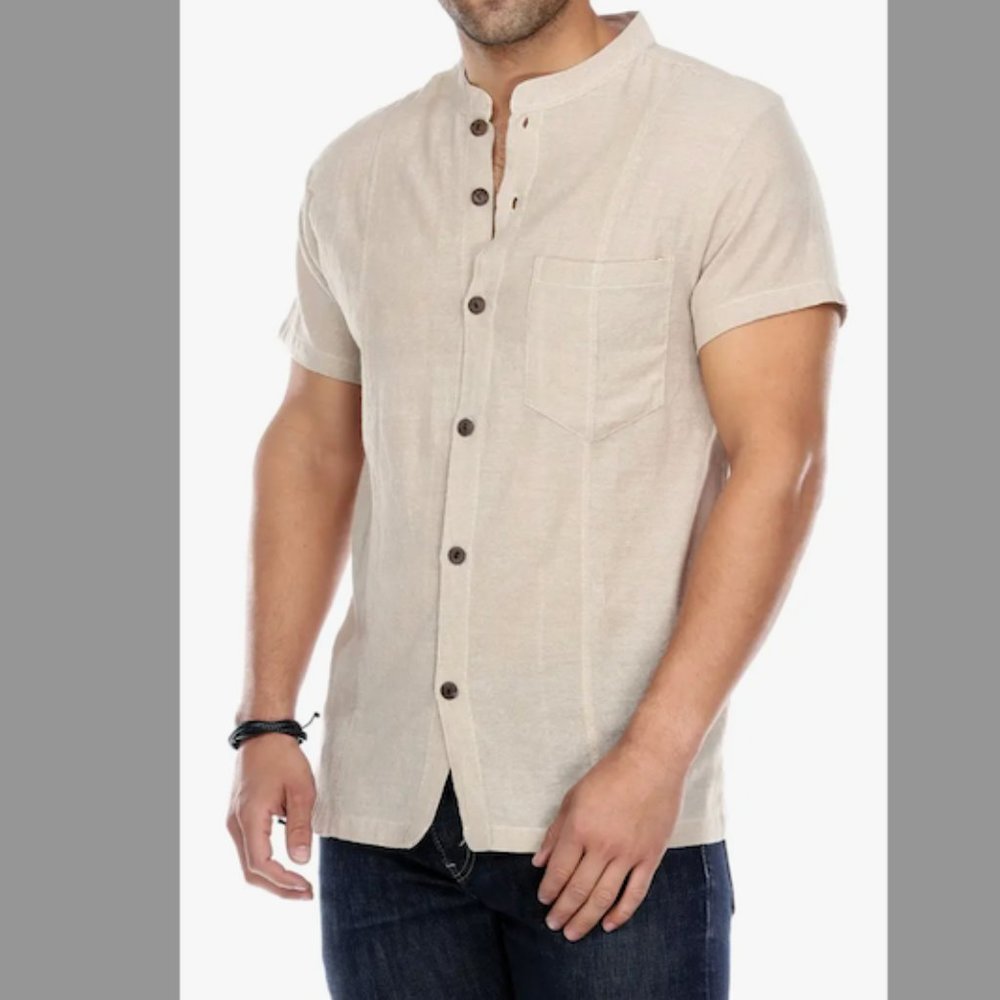 100% Cotton Men's Button Up Kurta Shirt - Natural
